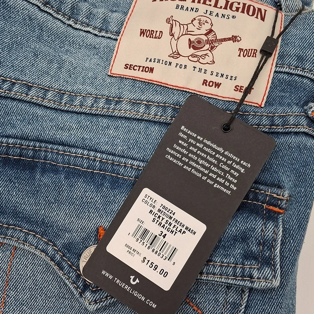 True Religion Ricky Straight Leg Jean Flap Pockets Baseline Blue 34x34